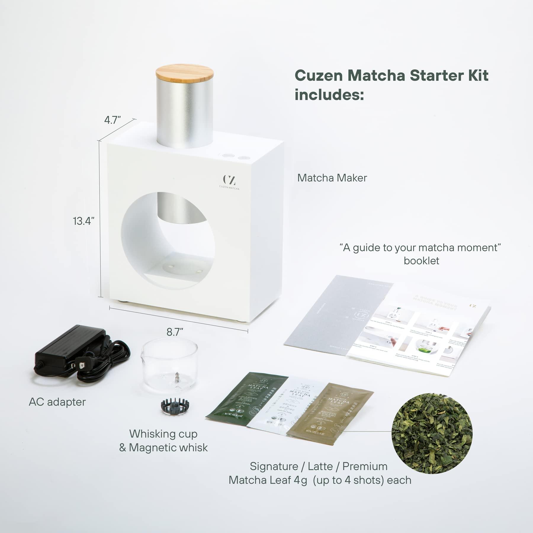 Cuzen Matcha Cuzen Matcha Maker Starter Kit, an Innovative At-home Matcha Machine that Produces Freshly Ground Matcha from Organic Shade-grown Japanese Tea Leaves (White)