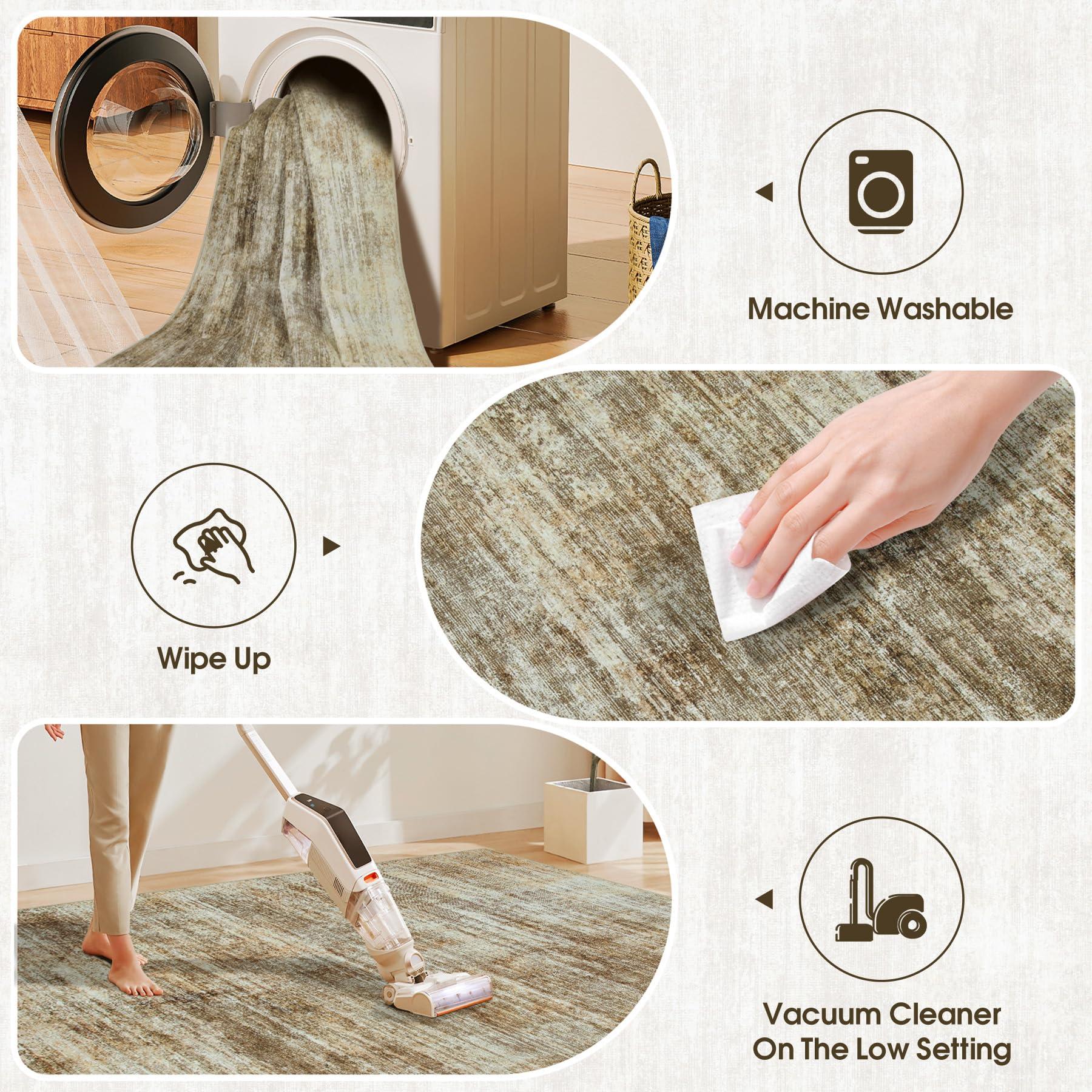 Tosuoka Area Rug 9x12 Washable Rugs: Abstract Large Living Room Rugs with Non-Slip Backing, Thin Carpet for Dining Room Table Bedroom Nursery Indoor Home Office-Brown