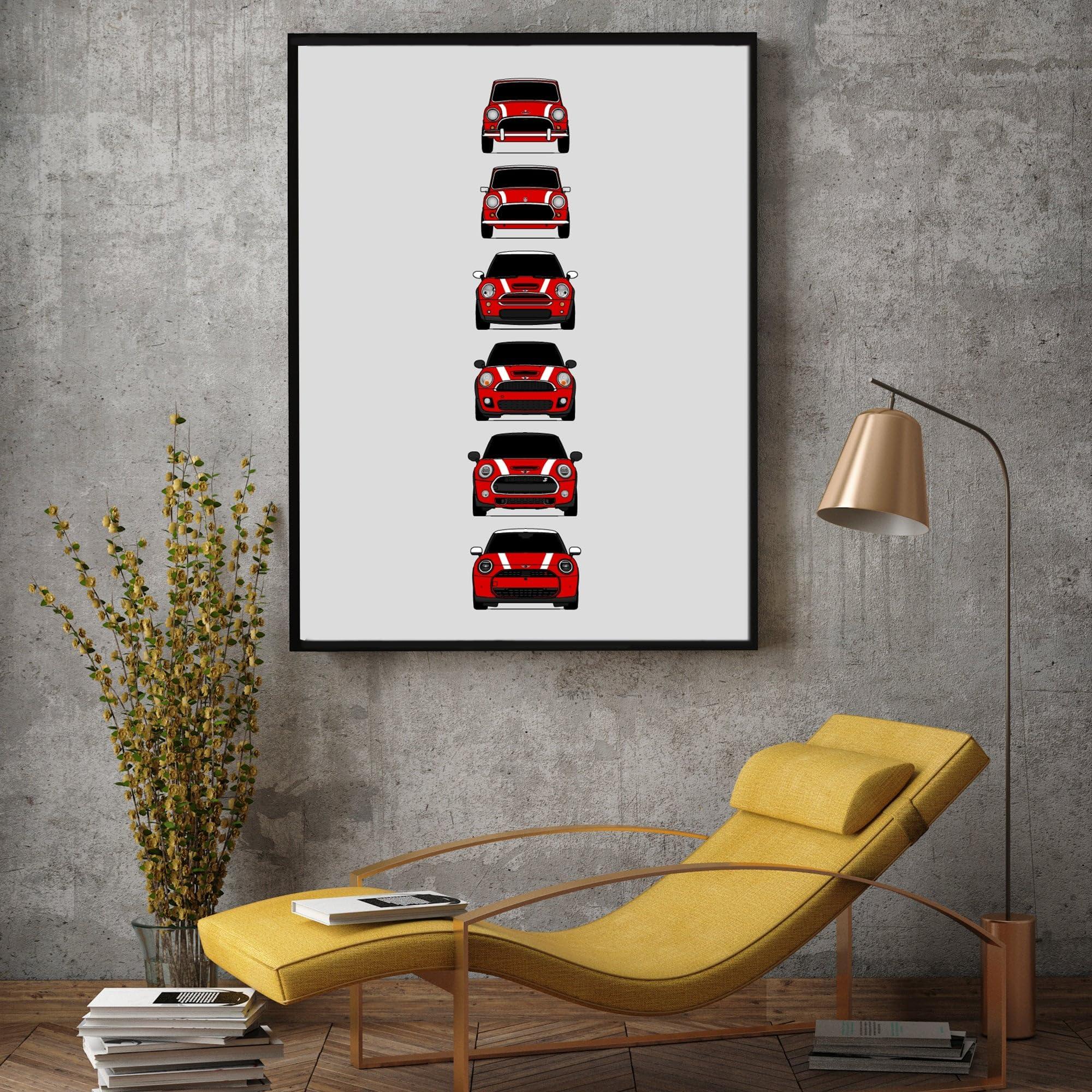 Custom Car Posters Custom Car Posters History of Mini Cooper Generations and Handmade Print of Mini - Red with White Stripes, 24x36\" Satin Print (Unframed)- Gift Car Enthusiast