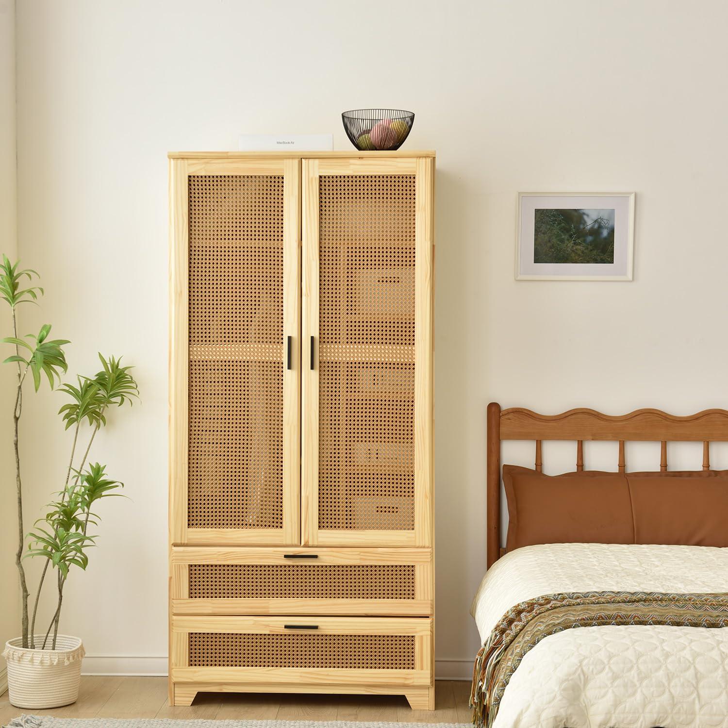 Woodpeckers Furniture And Mattress Pine Wood Closet with Rattan Doors and Two Drawers (Natural)