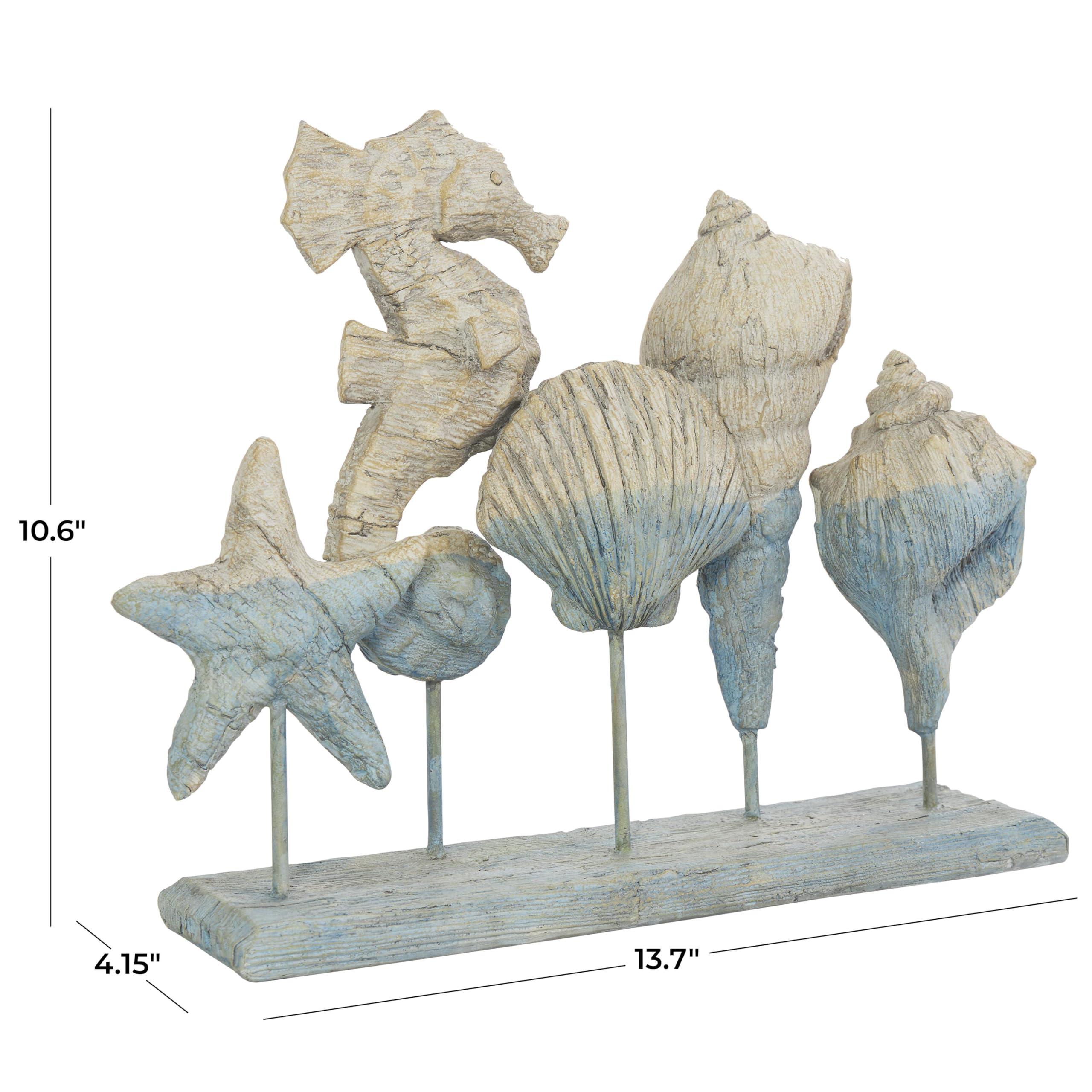 Deco 79 Deco 79 Polystone Shell Decorative Sculpture Textured Ombre Home Decor Statue with Seahorse Accent, Accent Figurine 14" x 4" x 11", Light Blue